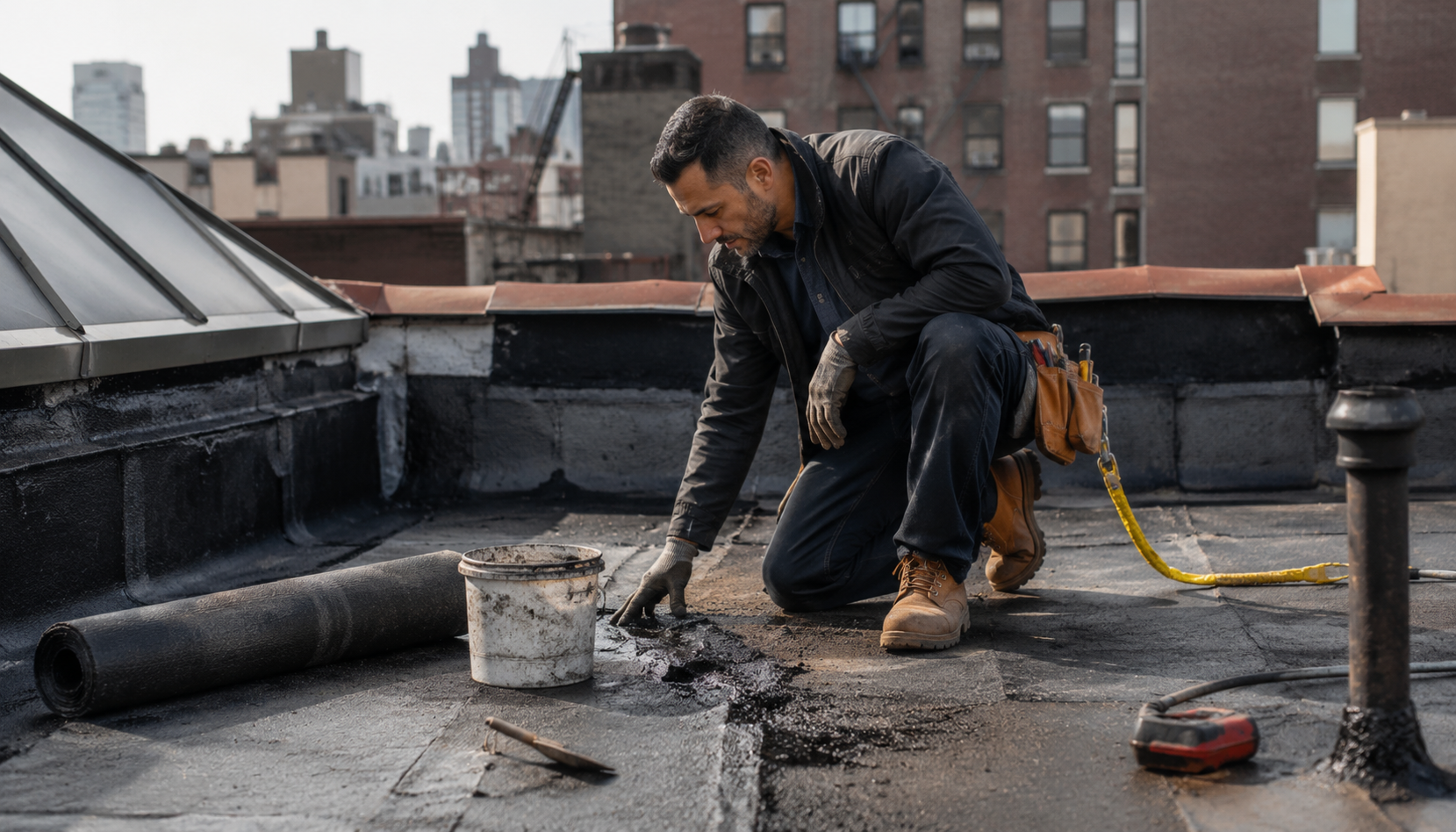 NYC contractor inspecting and repairing a flat roof leak